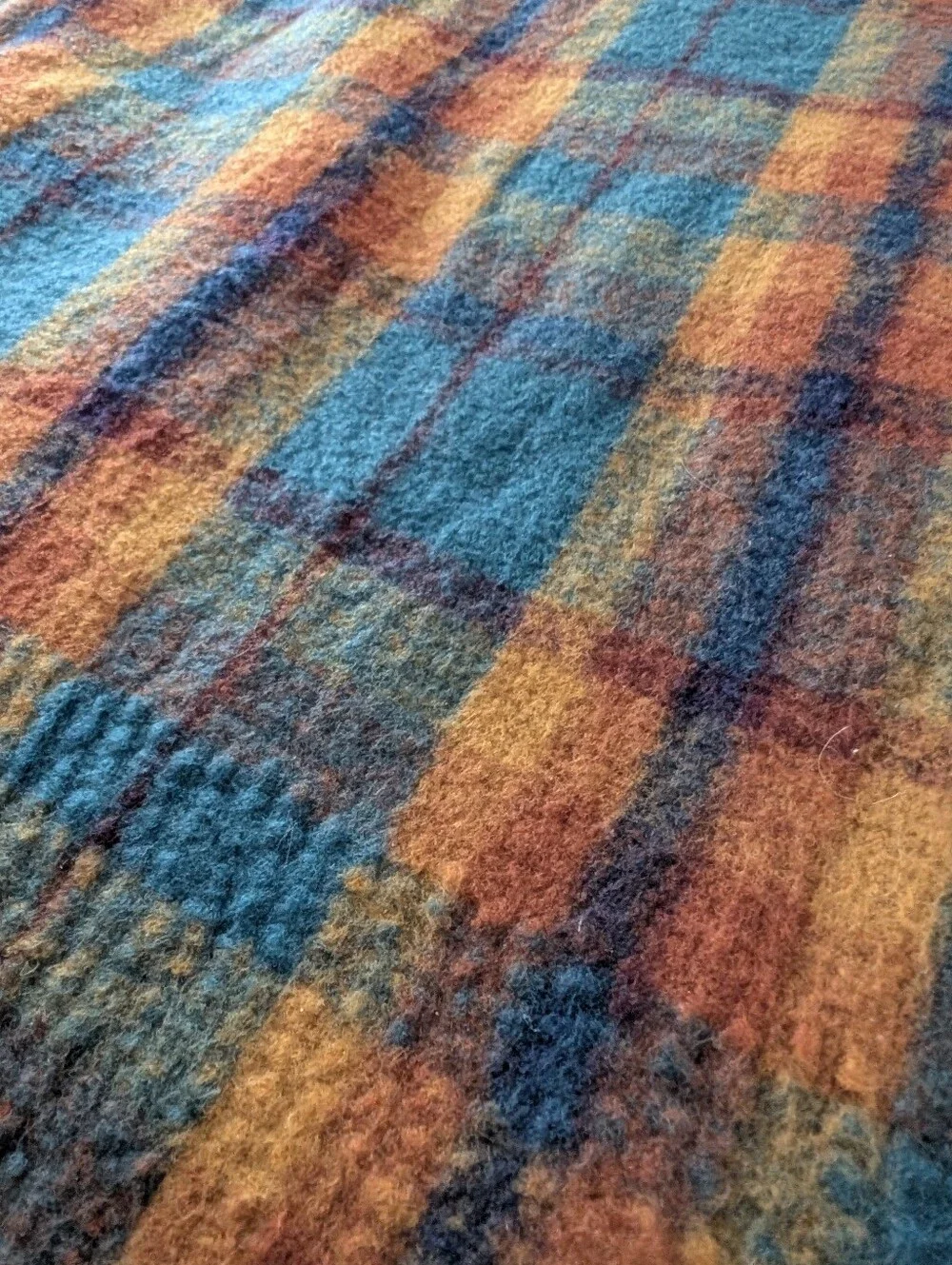VINTAGE Wool Blanket Shawl Scarf Teal Plum Copper Gold Navy Fringe Wrap 80x24